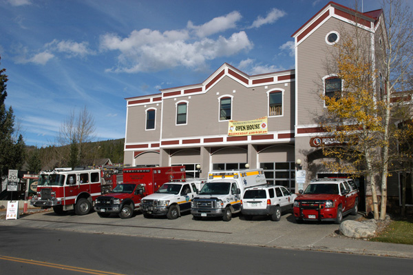 Red White and Blue Fire Protection District station in Breckenridge during an Open House, with fire trucks and emergency vehicles parked out front