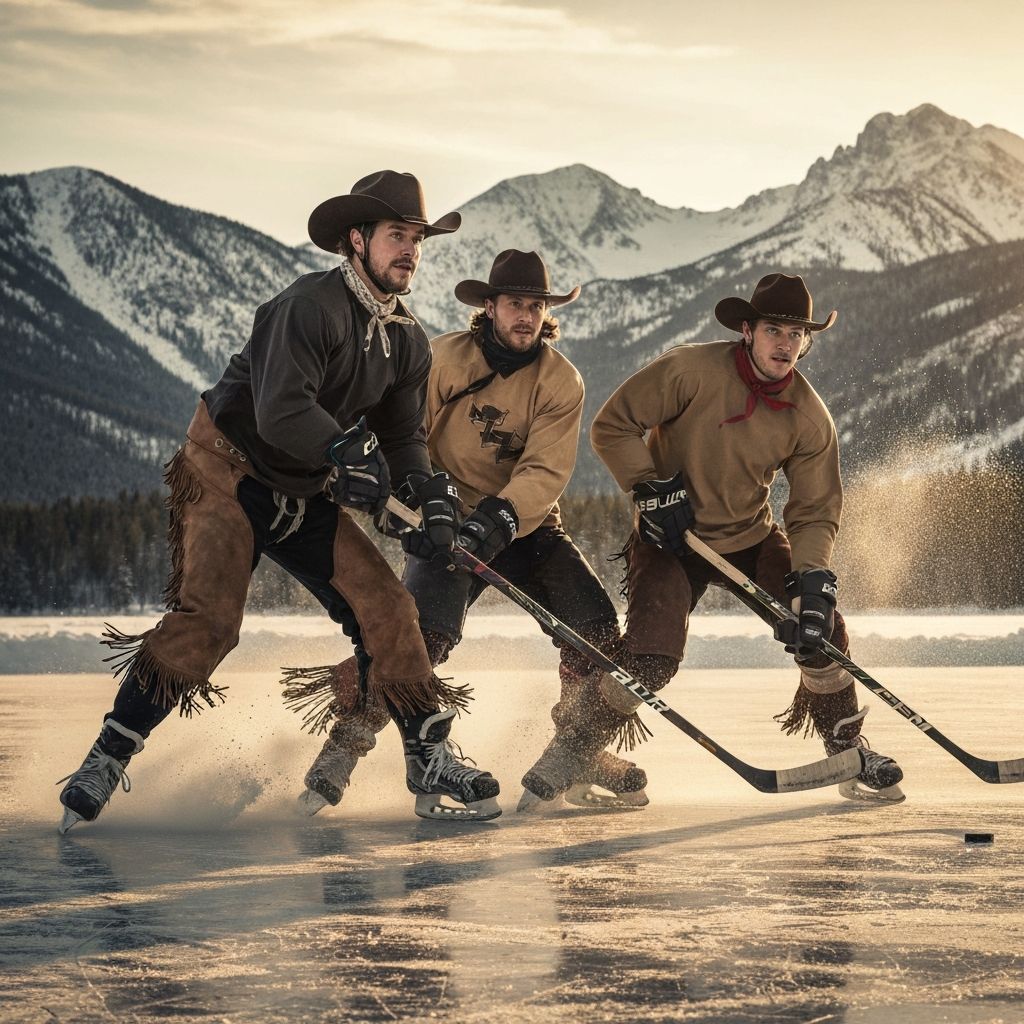 Ice hockey action on a frozen mountain lake